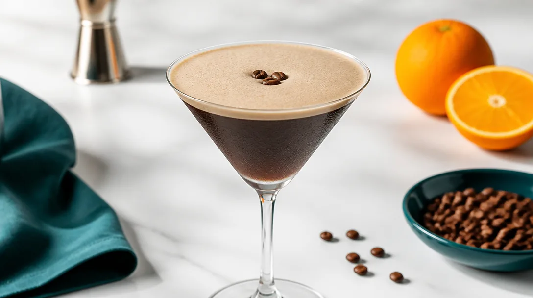 Espresso Martini i kylt martiniglas med krämigt kaffeskum och tre kaffebönor